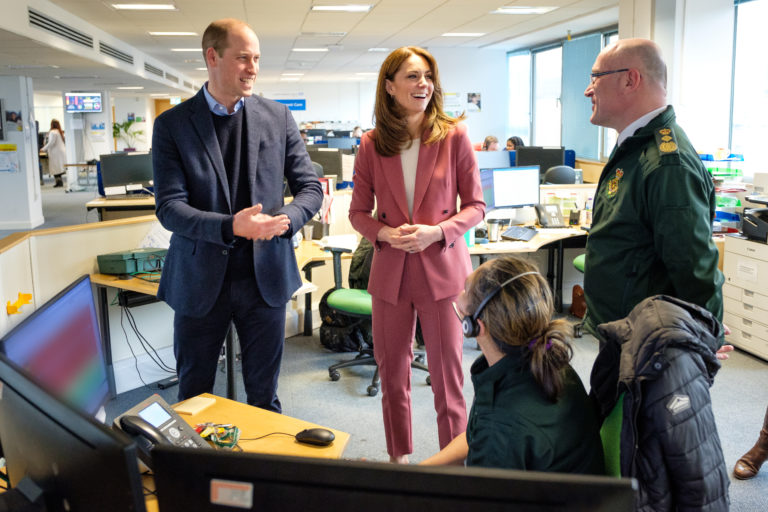 Duke and Duchess of Cambridge talk to LAS Chief Executive and call handler in control room