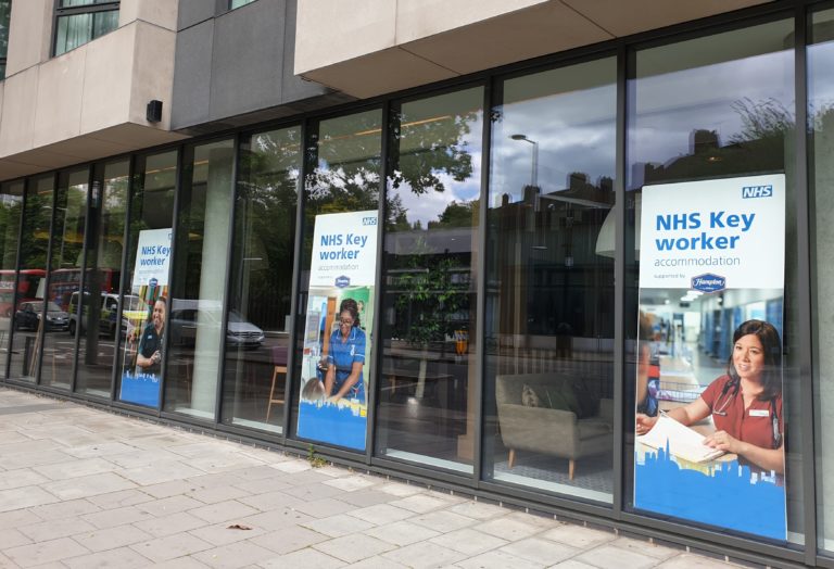 hotel windows with sign saying NHS Key Worker accommodation