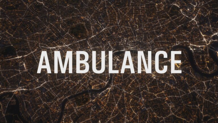Ambulance documentary opening titles show the word Ambulance over a night aerial shot of central london