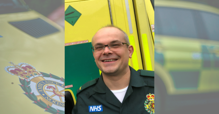 Photo of Dr Martin in uniform overlaid on an image of an ambulance