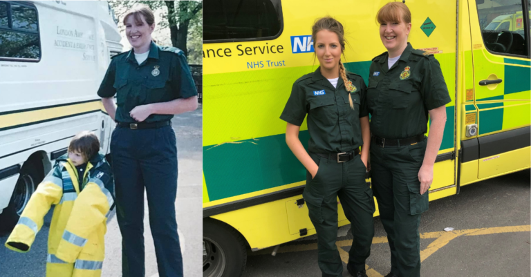Collage image showing a very young Millie in her mum's ambulance jacket stood next to her mum in front of ambulance alongside a new image of Millie and Tina in uniform next to ambulance