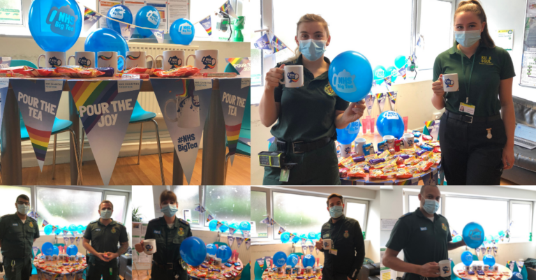 A compilation image of various LAS medics in uniform holding NHS Big Tea balloons and mugs in front of a tea party stall with treats and bunting