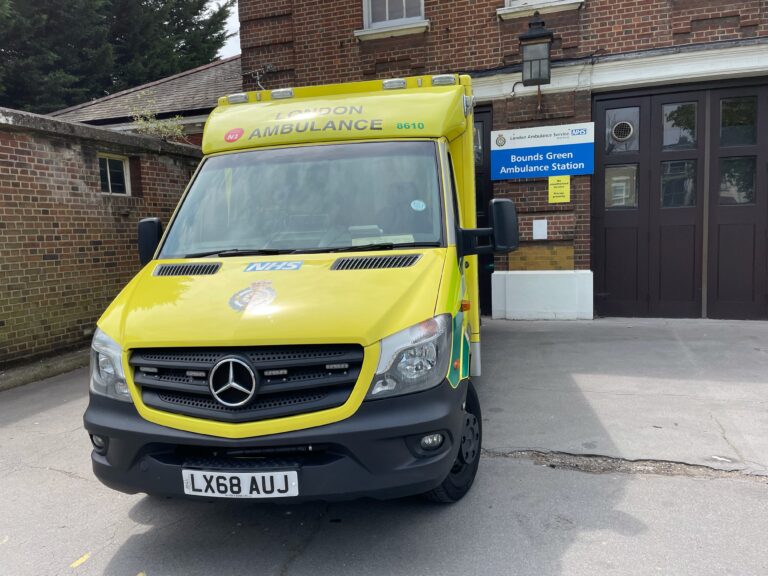 Ambulance parked on forecourt of Bounds Green ambulance station