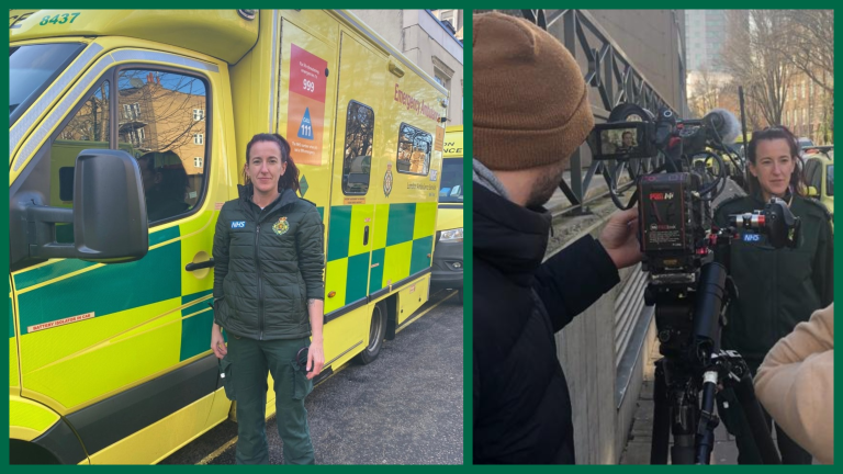 A split image: the picture on the left side shows Charlotte in front of an ambulance in her paramedic uniform; the right hand image shows Charlotte being interviewed