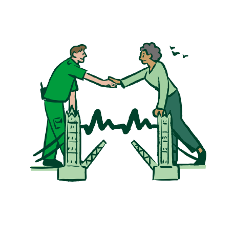 An illustrated picture of two healthcare colleagues shaking hands, with a picture of Tower Bridge and a heartbeat graphic.