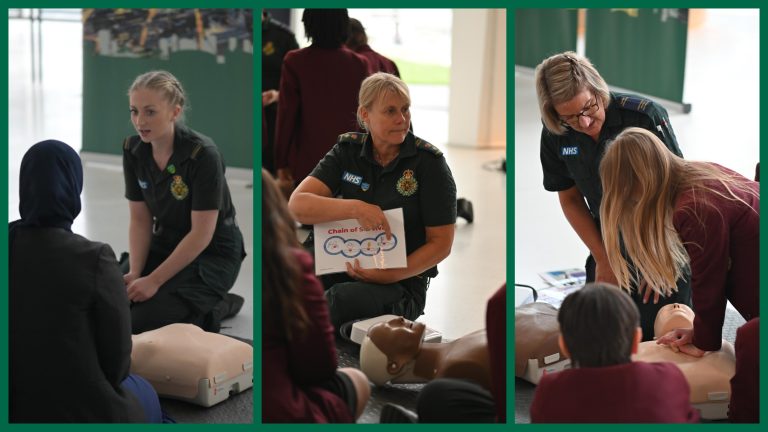 A split image, with three photos of London Lifesavers Community Resuscitation Trainers teaching CPR skills to school pupils.