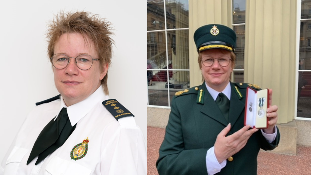 Image shows Pauline Cranmer in a portrait photo, and picking up her Queen's Ambulance Medal in her Dress Uniform.