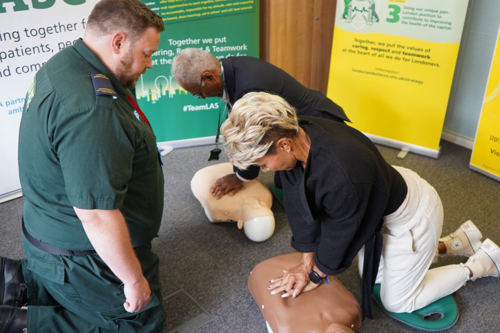 LAS Chief Financial Officer Rakesh Patel and Dame Kelly Holmes undertaking the London Lifesavers training