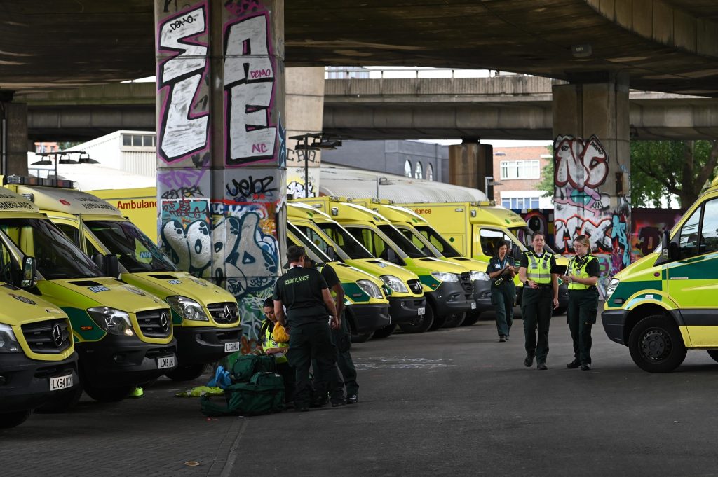 Ambulances waiting at a west London deployment centre.