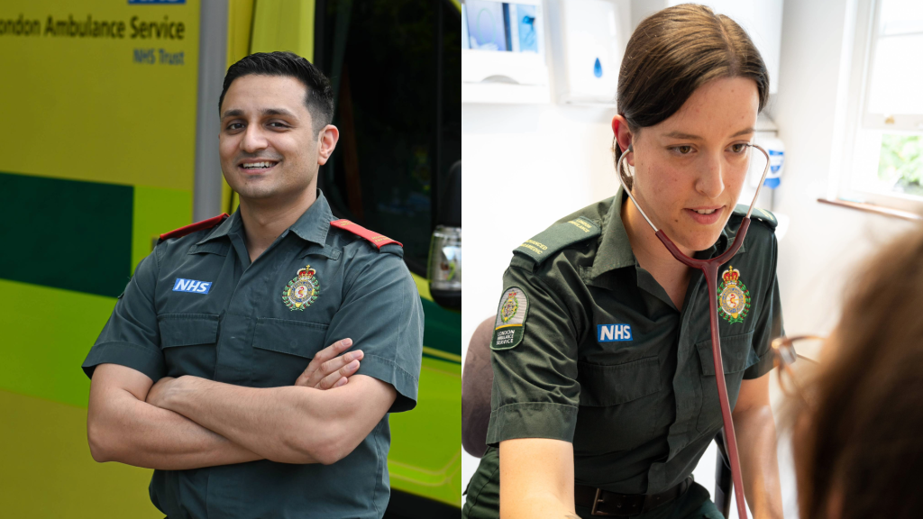 A split photo of an Advanced Paramedic (Critical Care) and a Advanced Paramedic (Urgent Care) treating a patient.