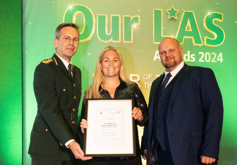 Chief Executive Daniel Elkeles with CEO Commendation winners Emma Redman Wray and Scott Ogles at 'Our LAS Awards'