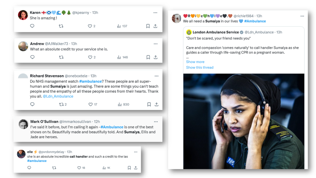 Some screenshots of posts on X from the public praising Sumaiya's appearance in Episode 2 of BBC Ambulance.