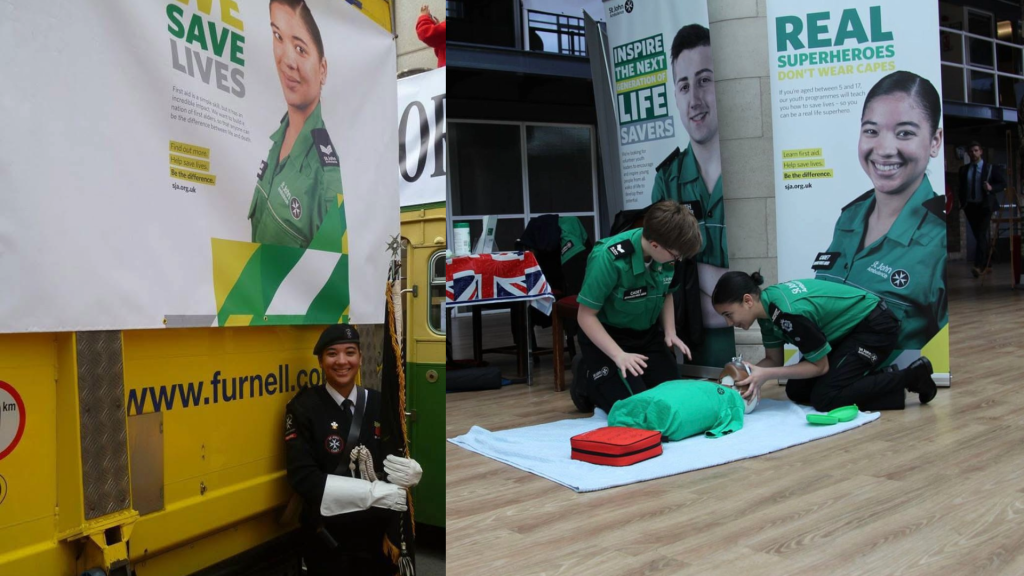 A split photo with Shyr-Nai standing next to St John Ambulance large promotional posters that she was featured in.