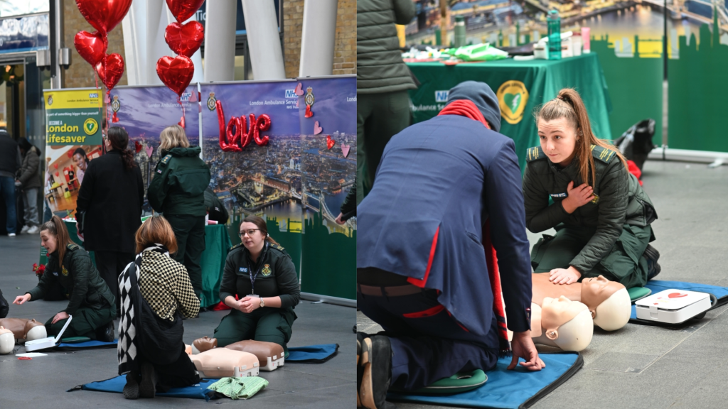 A collage of photos from a CPR training event at Kings Cross on Valentines Day.