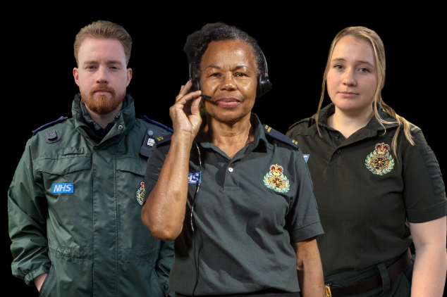 London Ambulance Paramedics and call handlers, in a line up, with a dark background
