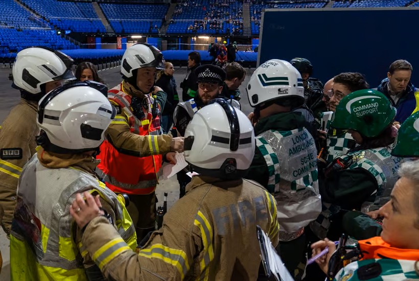 London Fire and London Ambulance specialist responders at a major incident training exercise at the O2 arena.