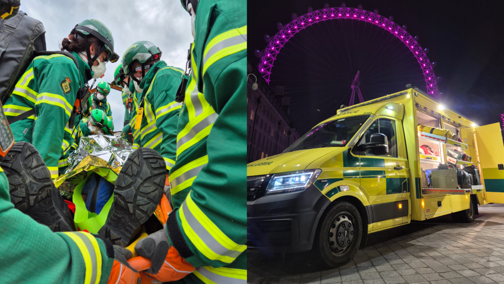 A double side photo of HART rescuing a training dummy; and a Incident Response Unit vehicle in front of the London Eye.