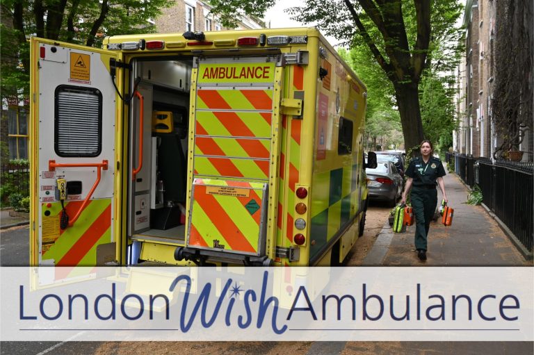 Member of London Ambulance End of Life team walking towards ambulance. Image has London Wish Ambulance Logo on it