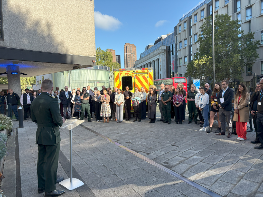 LAS CEO addressing crowd gathered for 999 Day ceremony