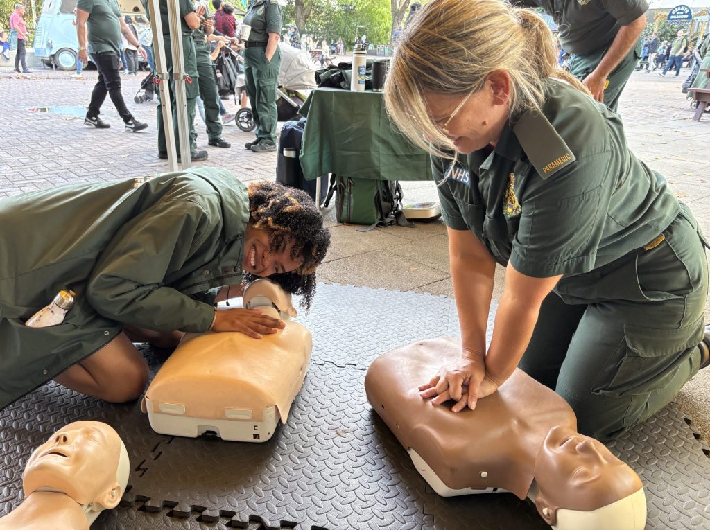 A demonstration on how to do CPR on a mannequin