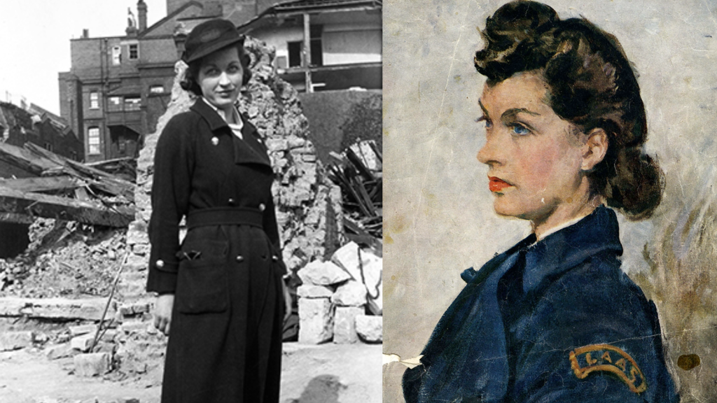 June Spencer in front of a destroyed building during the Blitz; and an illustration of June in ambulance uniform.